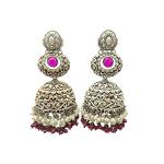 Pink Stone Oxidized Jhumkas
