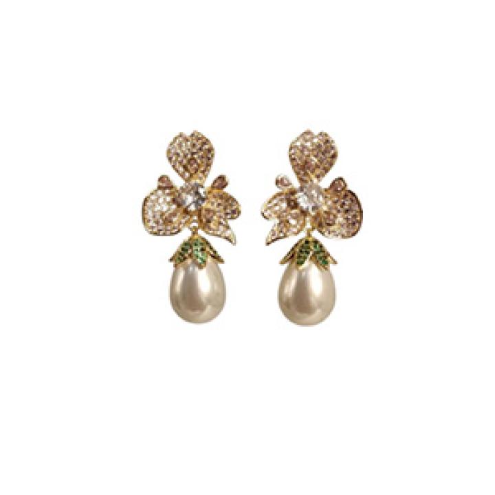 Golden Orchid Pearl Drop Earrings