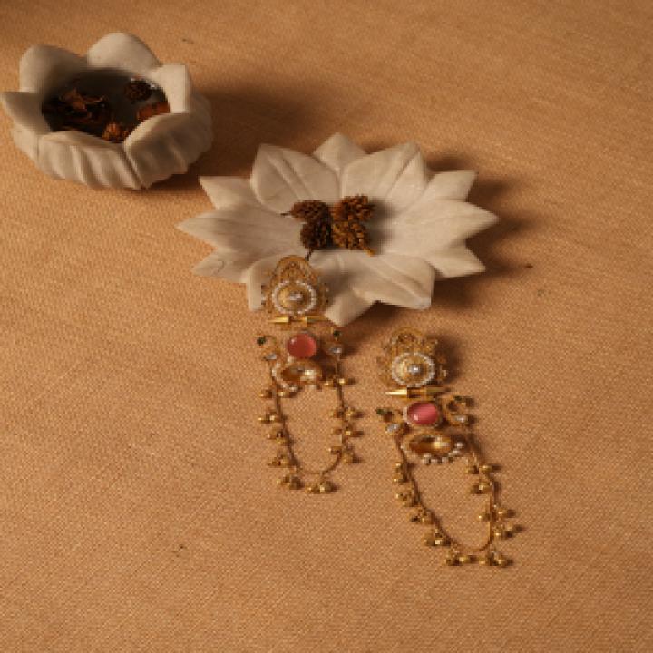Gold-Plated Kundan Long Drop Earrings with Pearls