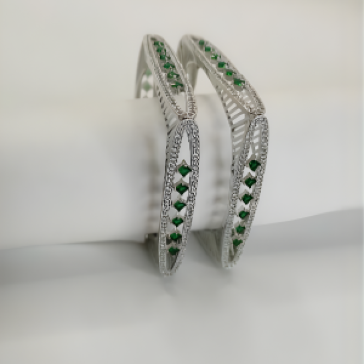 Emerald Stone Silver-Tone Geometric Kada Bangles
