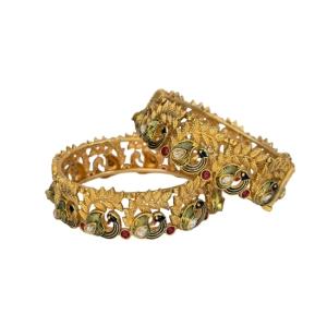 Antique Gold Peacock Design Kundan Bangles