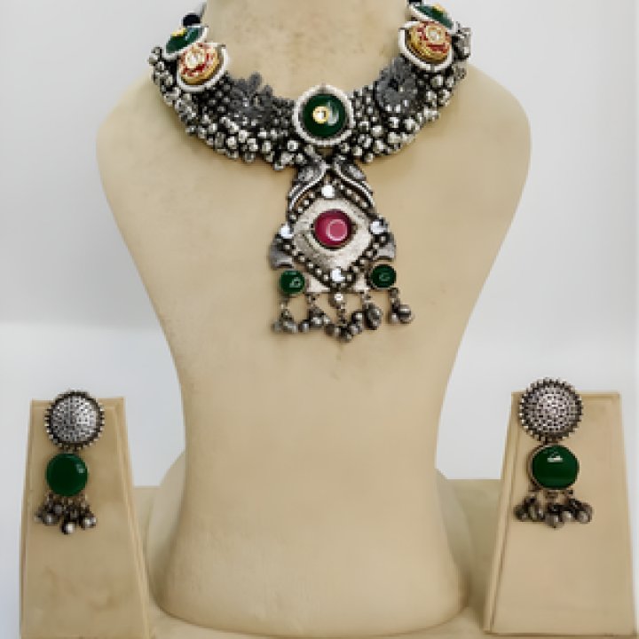 Tribal Heritage Green & Pink Oxidized Necklace Set