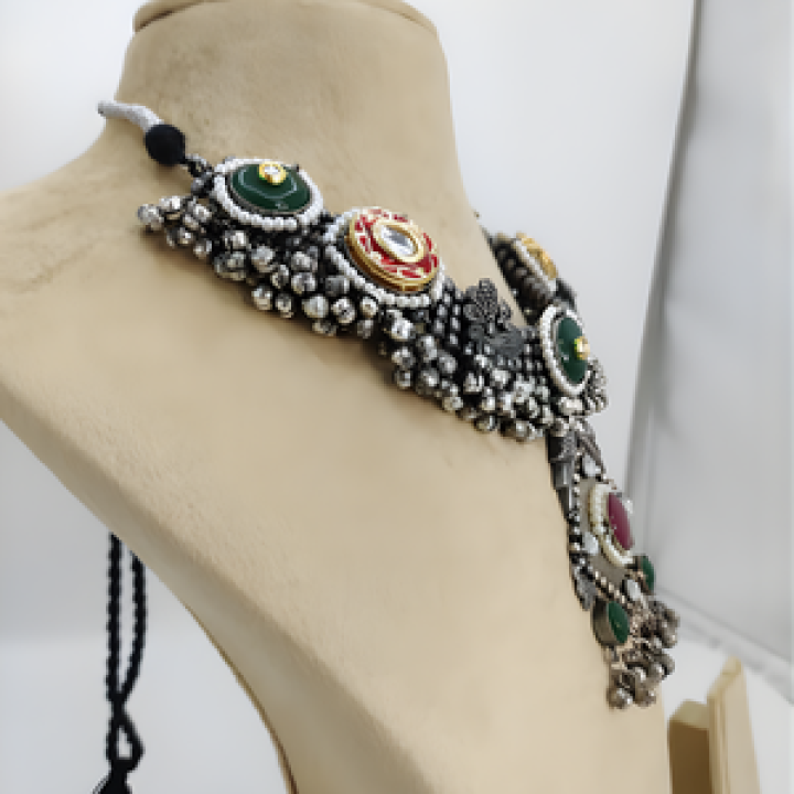 Tribal Heritage Green & Pink Oxidized Necklace Set