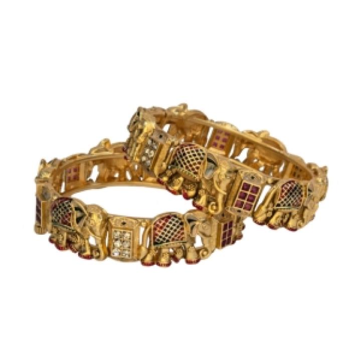 Antique Gold Elephant Motif Kundan Bangles
