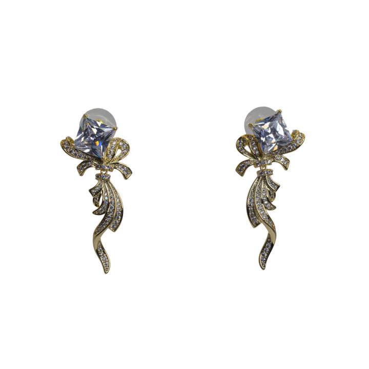 Elegant Diamond and Crystal Ribbon Drop Earrings